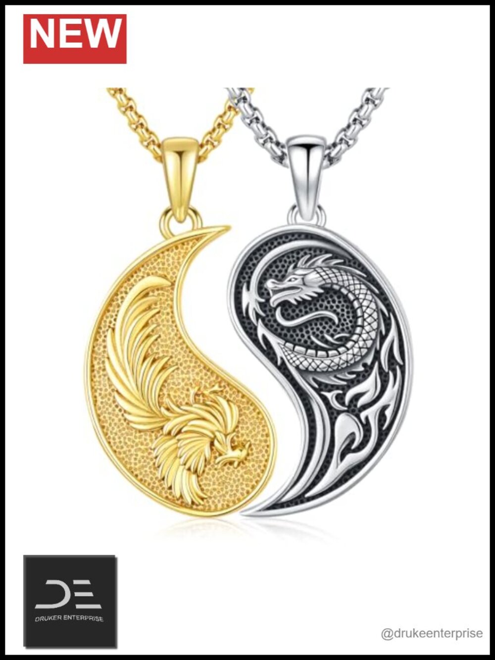 925 Sterling Silver Yin Yang Necklace Dragon Phoenix Couples Adjustable